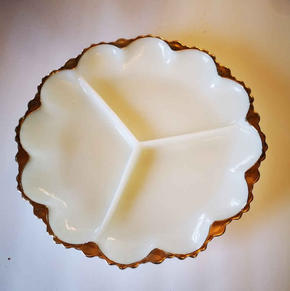 MILK GLASS VINTAGE divided dish Gold Trim